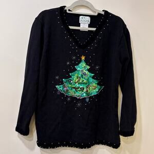 Vtg Black Knitted Christmas Tree Sweater Embellished/Sequin XL Quaker Factory